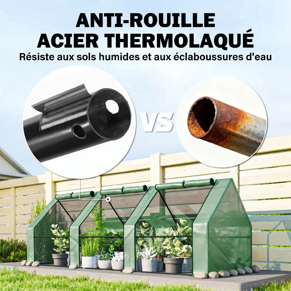Mini Serre de Jardin mini serre tunnel 270L x 90l x 90H cm toit pointu Acier PE Haute densité 140 g/m² Anti-UV 3 fenêtres avec Zip enroulables Vert-6