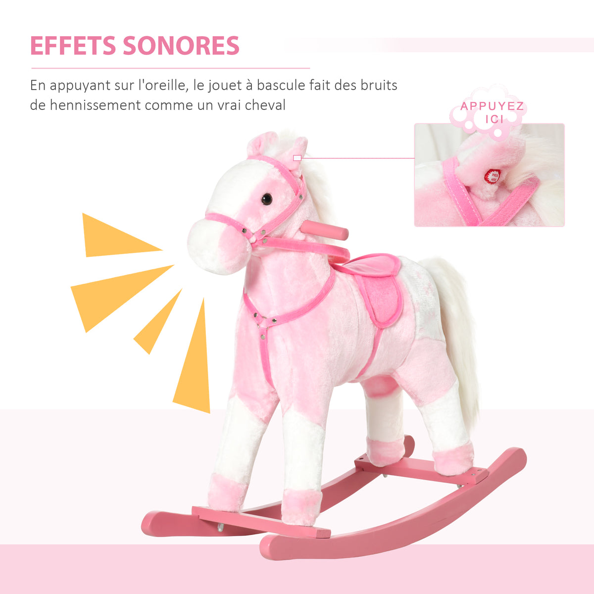 Cheval à Bascule en Bois et Peluche pour Enfant Cheval de Cowboy peluche Pour Enfants de 3-6 Ans Jouet balançoire avec Effet sonore Selle rênes Rose Blanc-3