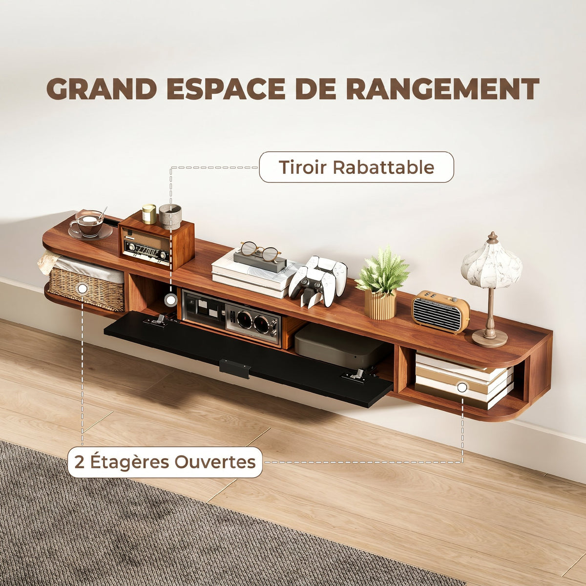 Meuble TV Suspendu, Meuble Télé pour Téléviseur jusqu'à 60 Pouces, Tiroir Rabattable, 2 Étagères, 140x24x16cm, Noyer-4