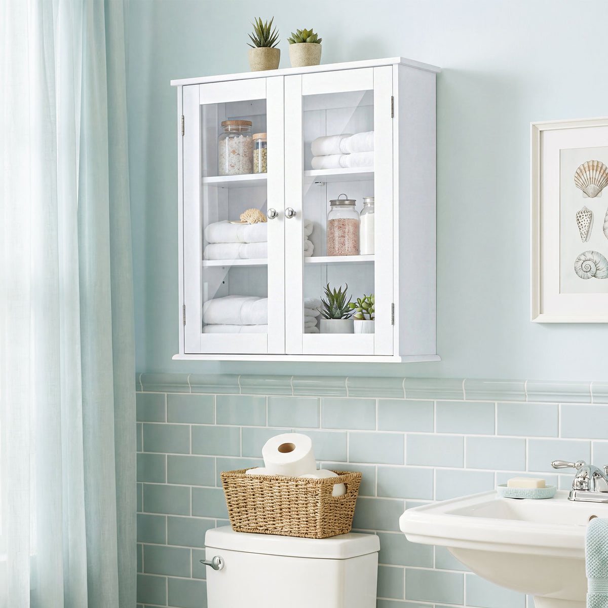 Armoire murale de salle de bain, meuble haut salle de bains avec 2 portes en verre, étagère réglable, 55x20x65cm, blanc-8