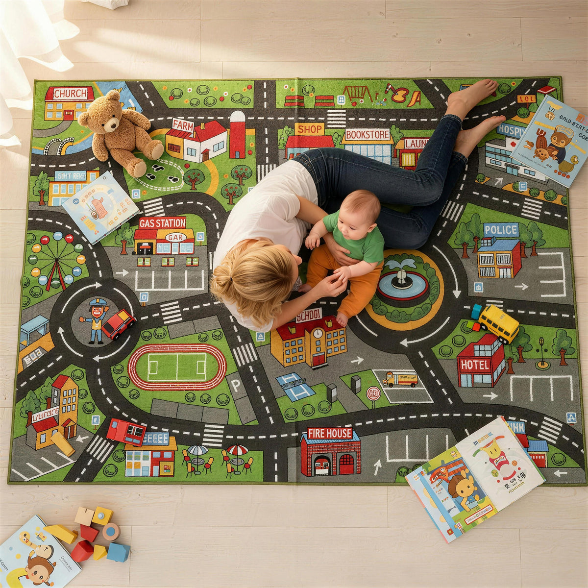 Tapis de jeu pour bébé, tapis de sol antidérapant, motif de route de la ville, 200 x 150 cm, multicolore-1