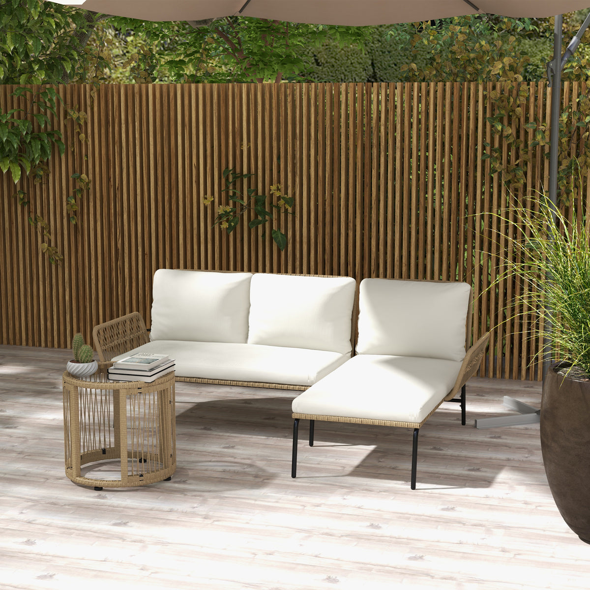 Salon de jardin extérieur d'angle 3 places en résine tressée avec canapés, chaise longue, table basse et coussins, crème-1