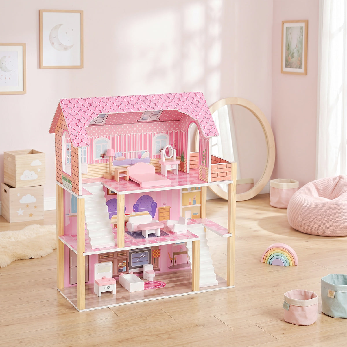 Maison de Poupée en Bois pour Enfants, Maison de Rêve Filles à 3 Étages avec Balcon, Escaliers et 10 Accessoires, Rose-1