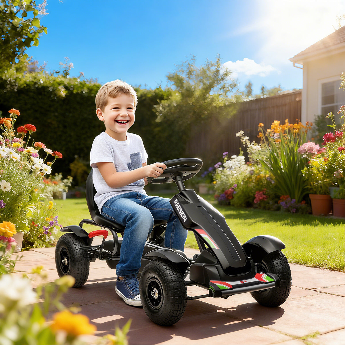 Kart à pédales pour enfant siège réglable 3 positions frein à main enfant de 5 à 12 ans noir-1