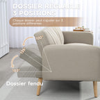 Canapé Convertible 2 Places Design scandinave Dossier inclinable 3 Positions Pieds Bois Tissu Aspect Lin Beige-4