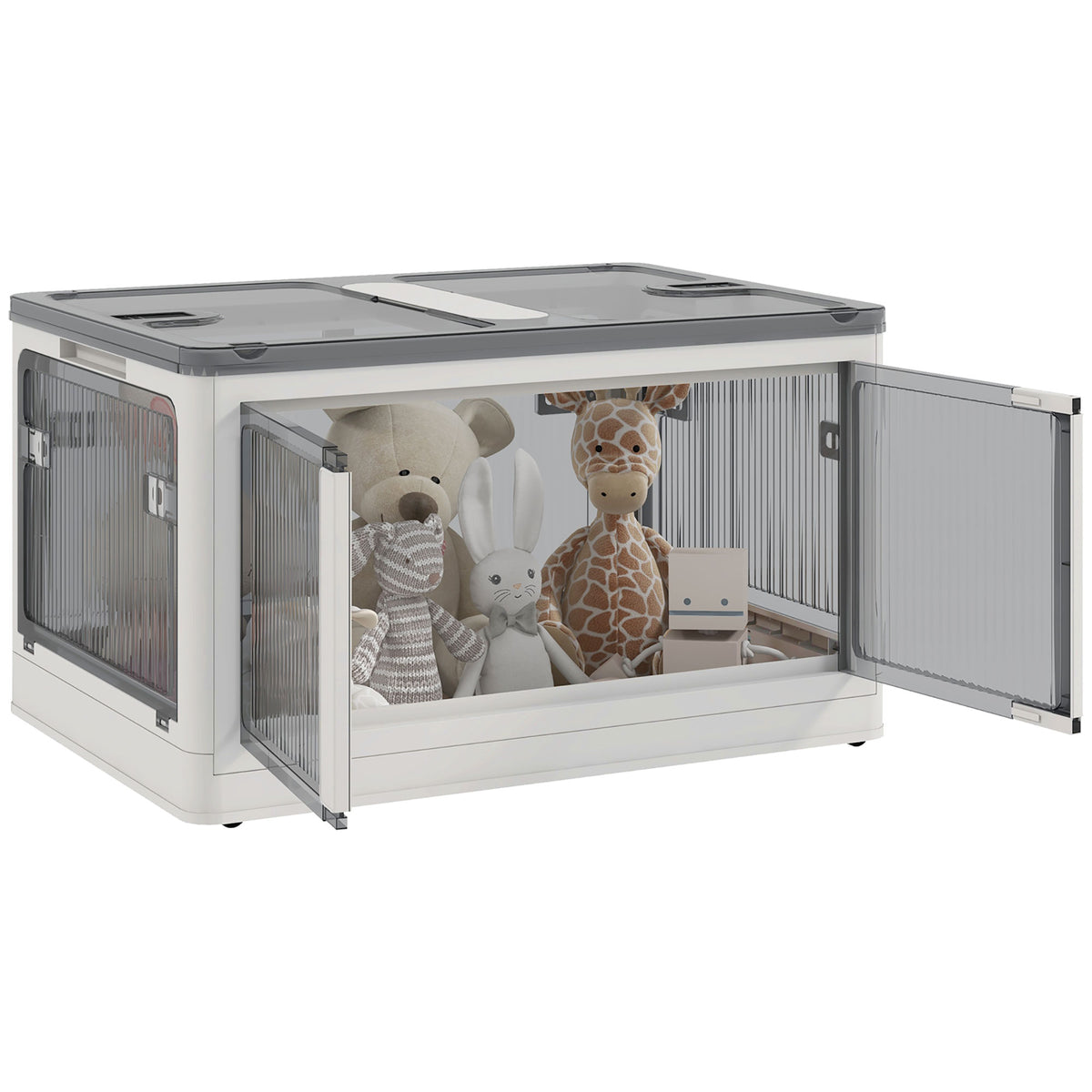 Boîte de rangement pliable et empilable 99L en plastique avec couvercle et 4 roulettes, accès à 5 côtés, blanc-9