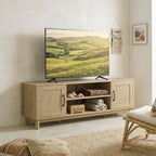 Meuble TV 135 cm, meuble télé pour téléviseur jusqu'à 65 pouces avec 2 portes en rotin, 2 compartiments ouverts, chêne-8