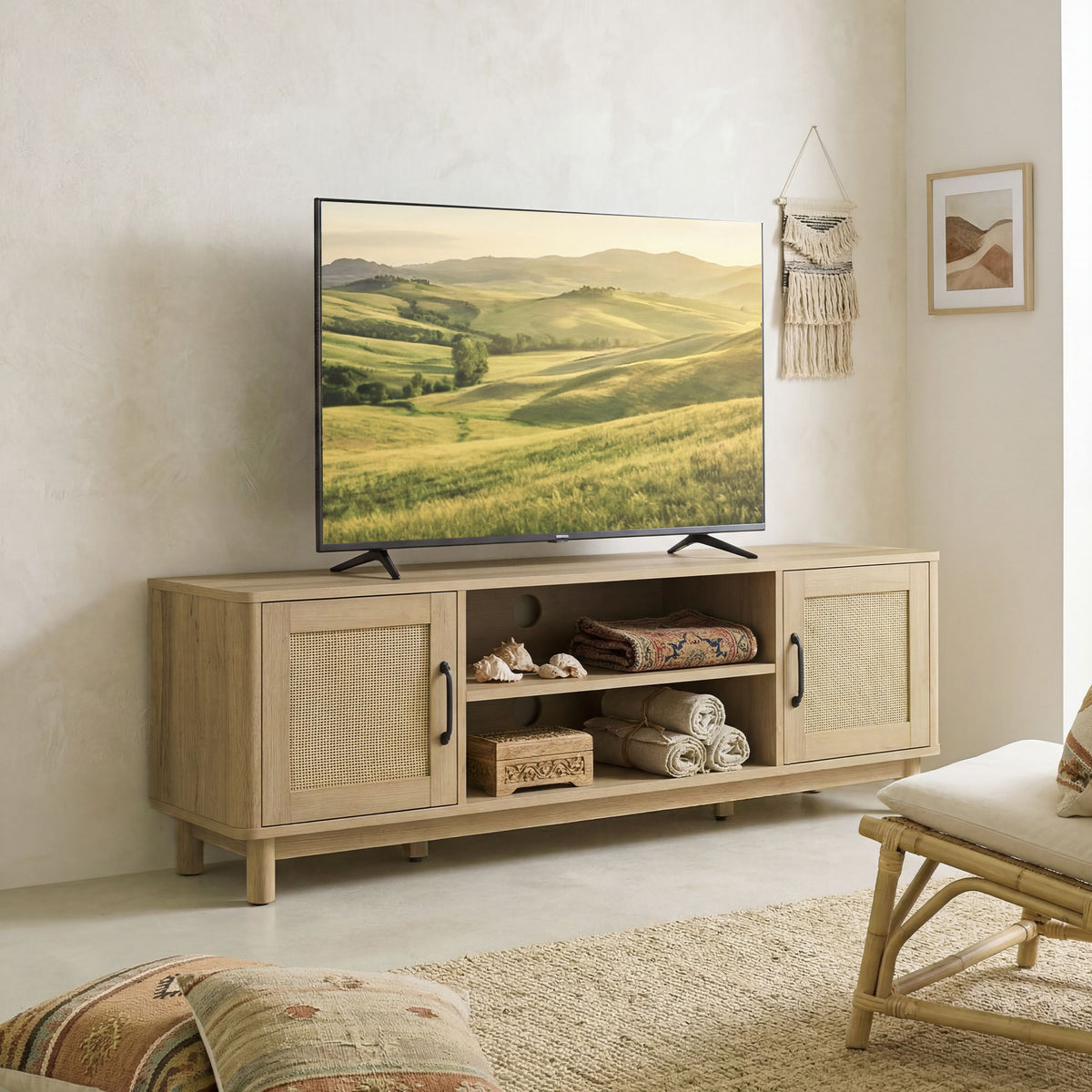 Meuble TV 135 cm, meuble télé pour téléviseur jusqu'à 65 pouces avec 2 portes en rotin, 2 compartiments ouverts, chêne-8
