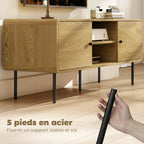 Meuble TV, meuble télé jusqu'à 55 pouces avec 2 portes, 2 compartiments ouverts, pieds en acier, 120x40x50cm, chêne-4
