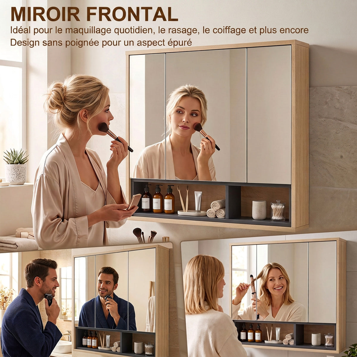 Meuble salle de bain avec miroir, armoire toilettes murale avec placards à 3 portes et 8 compartiments, chêne-4