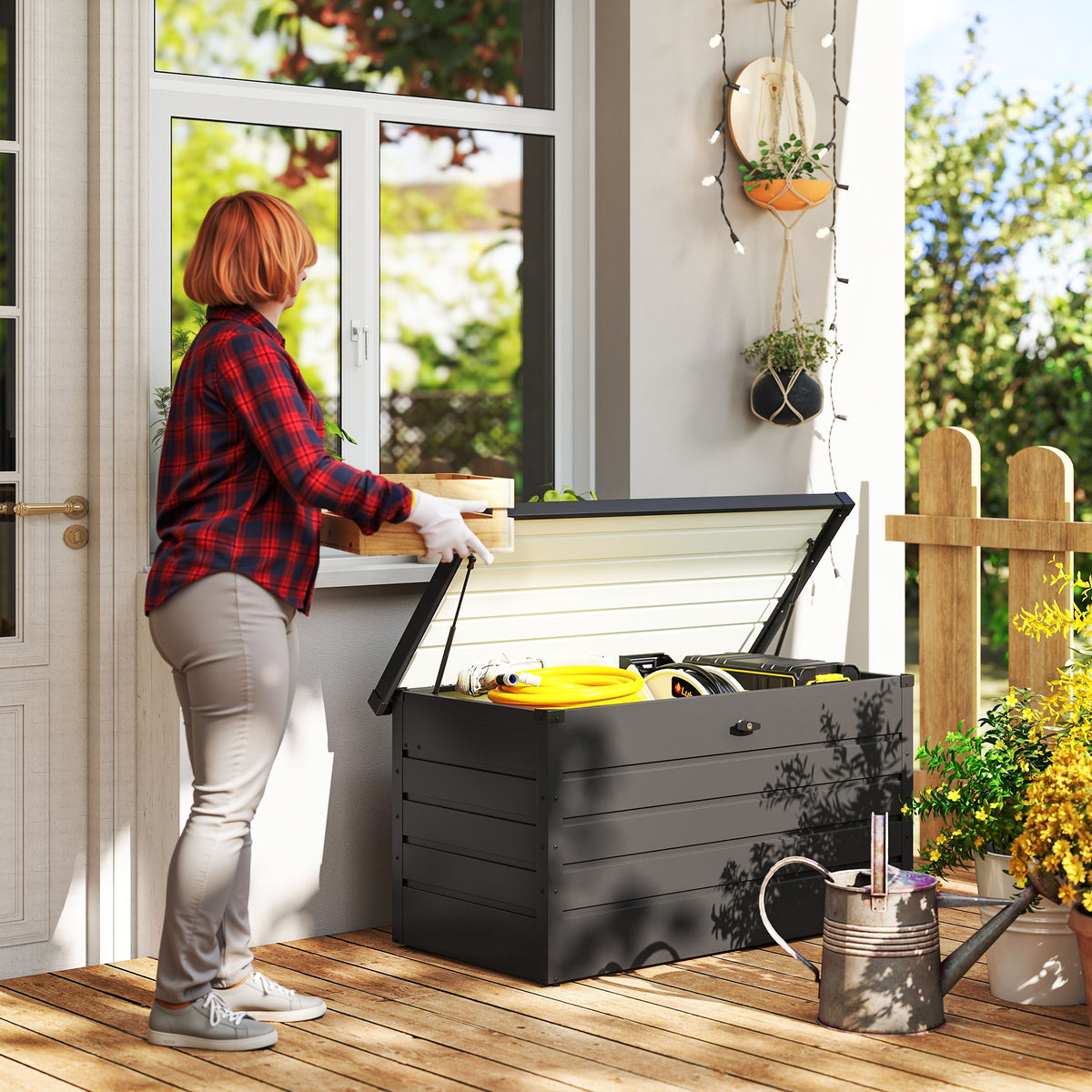 Coffre de rangement exterieur XXL 311L coffre de jardin acier galvanisé verrouillable vérin à gaz 120x62x62cm gris foncé-1