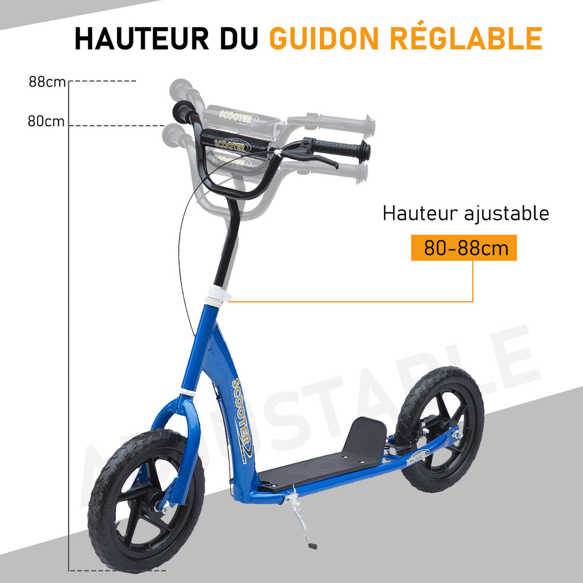 Trottinette enfant patinette pneus 30 cm Hauteur Guidon réglable poignée Frein et béquille Acier pour enfants à partir de 5 ans Bleu-4