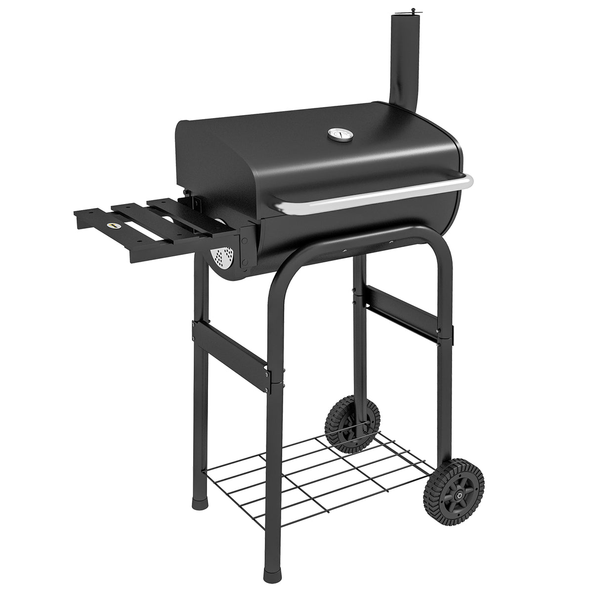 Barbecue au charbon de bois chariot de BBQ, avec étagères, roulettes, couvercle, thermomètre, cheminée, en métal noir-0