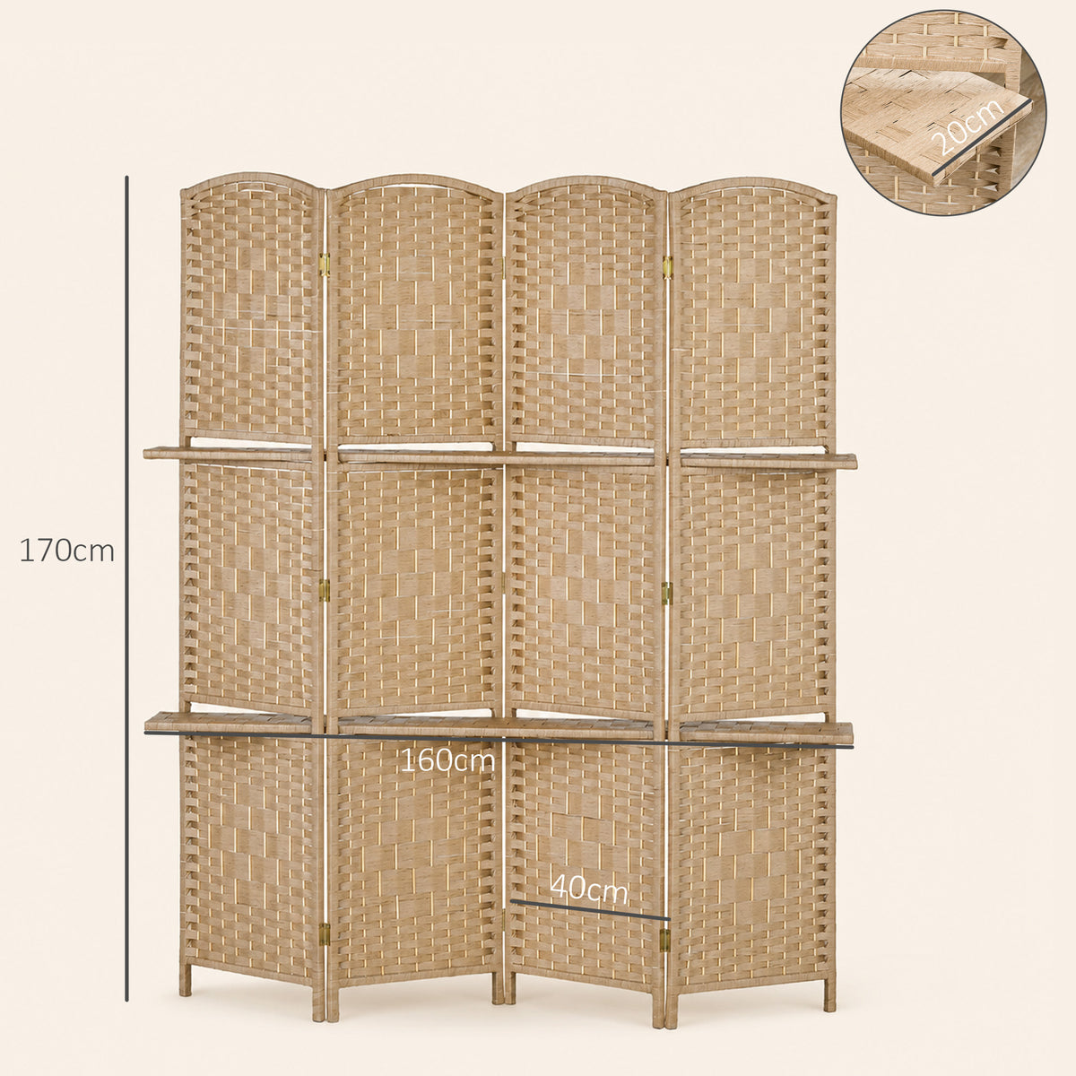 Paravent séparateur de pièce 4 panneaux 160 x170 cm avec 2 étagères, pliable, en bois-2