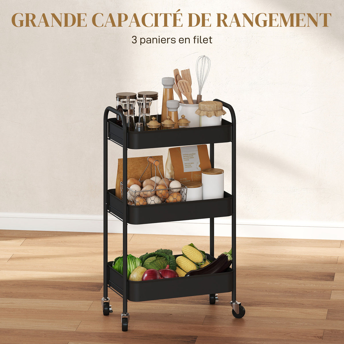 Desserte chariot de rangement en acier chariot de service à roulettes 3 plateaux ajourés 45 x 30,6 x 79 cm noir-3