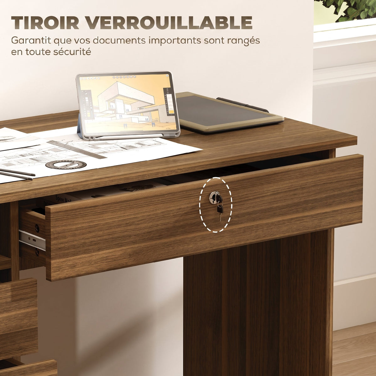 Bureau Informatique avec 5 Tiroirs, 110 x 50 cm, Bureau avec Rangement, Étagère Ouverte, Tiroir Verrouillable, Noyer-4