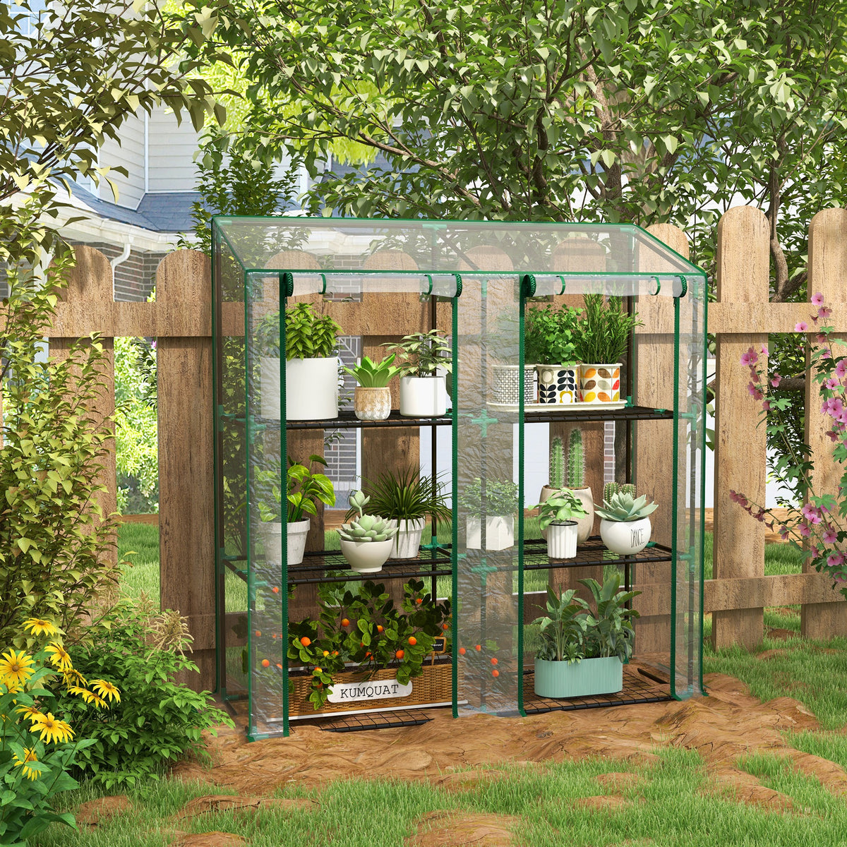 Mini serre de jardin 3 niveaux avec bâche en plastique, 2 portes enroulables, 6 étagères, dim. 143L x 46l x 141/151H cm-1