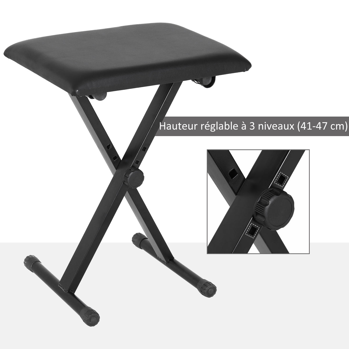 Tabouret piano pliable, banc haut. réglable 37 47 cm, siège rembourré PU pieds métal antidérapants, 100 kg, noir-4