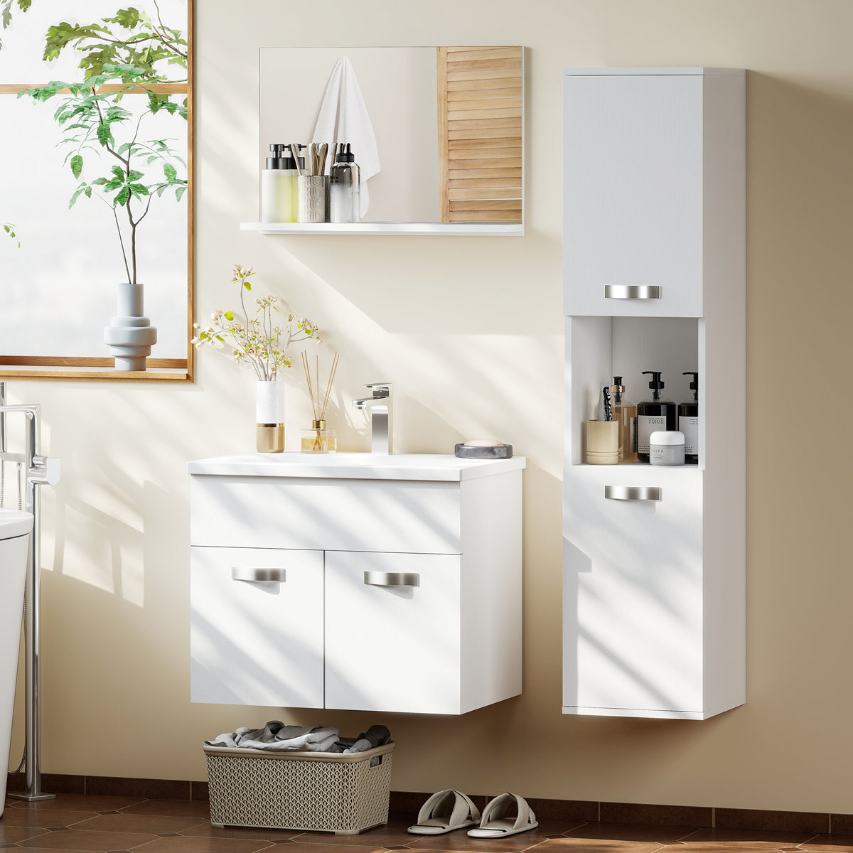 Ensemble de Meubles de Salle de Bain 4 Pièces, Mural, avec Miroir, Meuble sous Vasque, Lavabo et Armoire Haute, Blanc-9