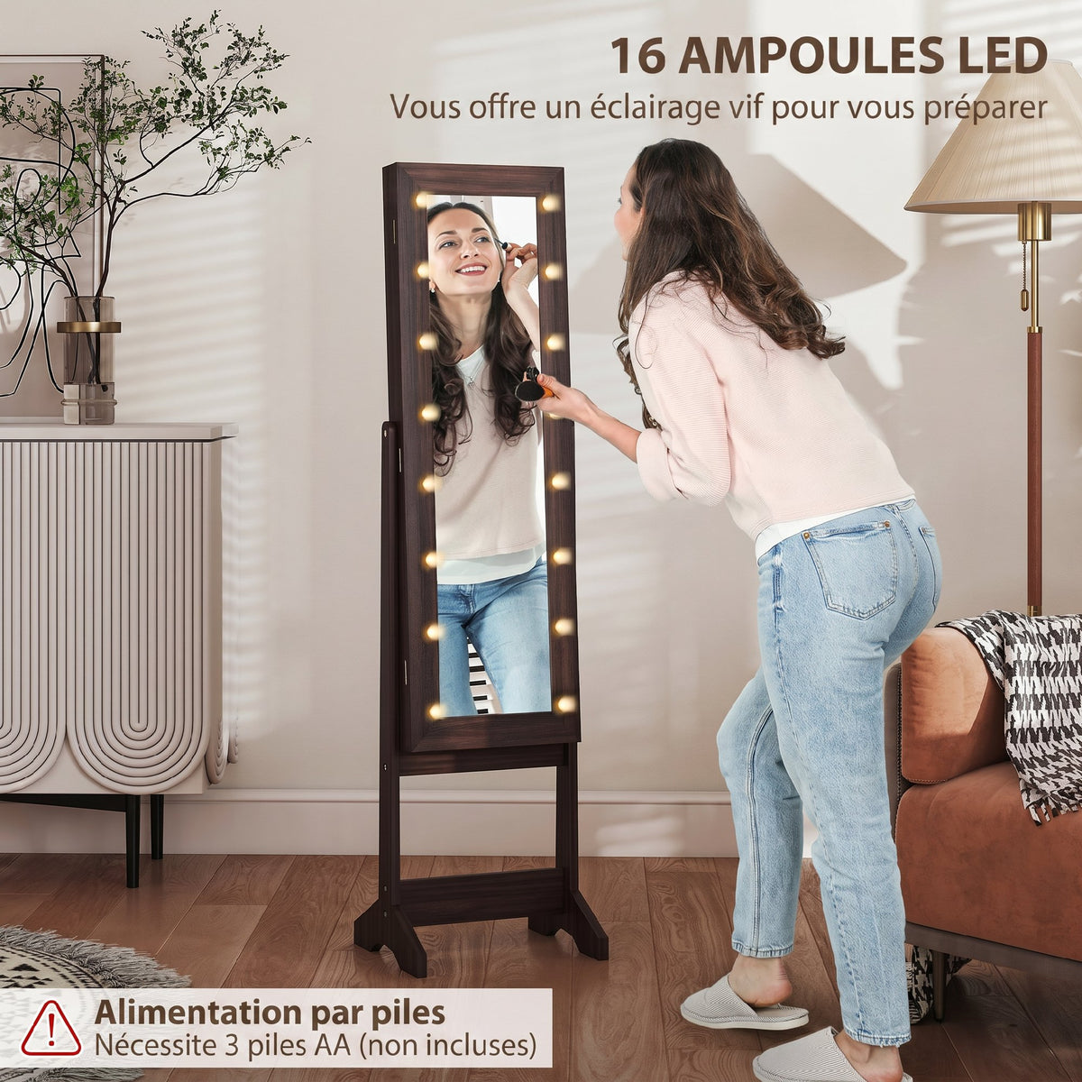 Armoire à Bijoux, Armoire de Rangement sur Pieds, Boîte à Bijoux avec Miroir Multi-Rangements Éclairage LED Marron Foncé-4