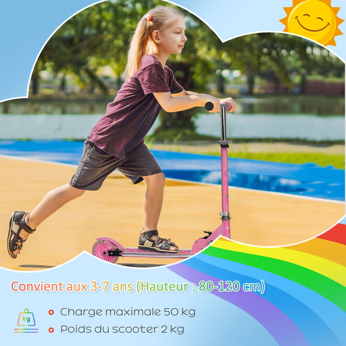 Trottinette pour enfants de 3 à 7 ans pliable roues lumineuses en PU musique 67 x 32 x 78 cm rose-7