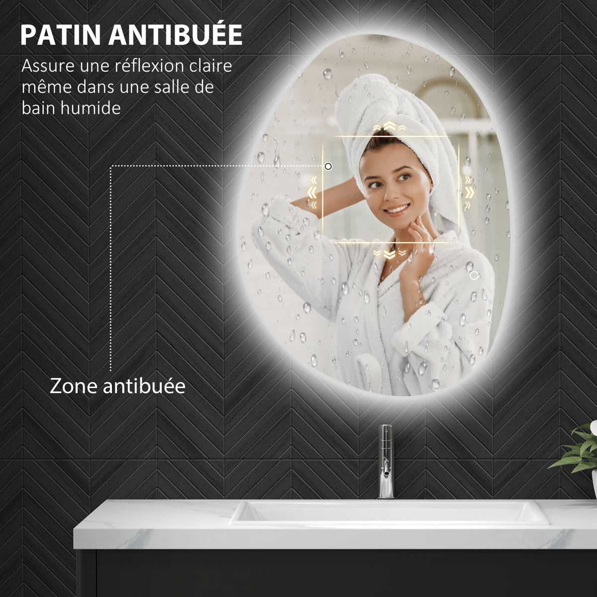 Miroir salle de bain avec éclairage LED 80 x 60 cm, miroir lumineux mural avec antibuée, mémoire, IP44, argenté-4