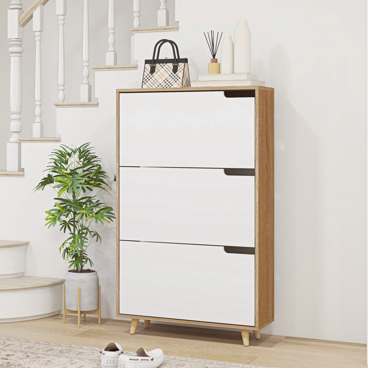 Meuble à chaussures 3 abattants avec étagère réglable, 72L x 24P x 119H cm, naturel et blanc-9