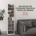 Rangements pour CD et DVD 9 compartiments et 6 étagères réglables capacité max. 260 CD/120 DVD 33 x 24 x 140 cm blanc-3