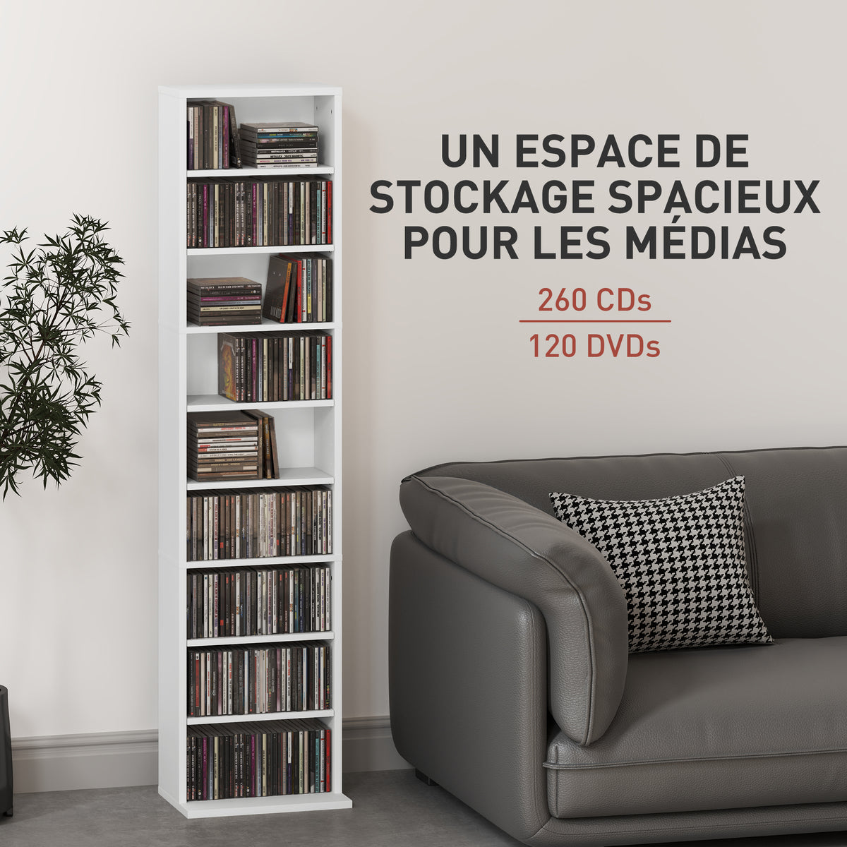 Rangements pour CD et DVD 9 compartiments et 6 étagères réglables capacité max. 260 CD/120 DVD 33 x 24 x 140 cm blanc-3