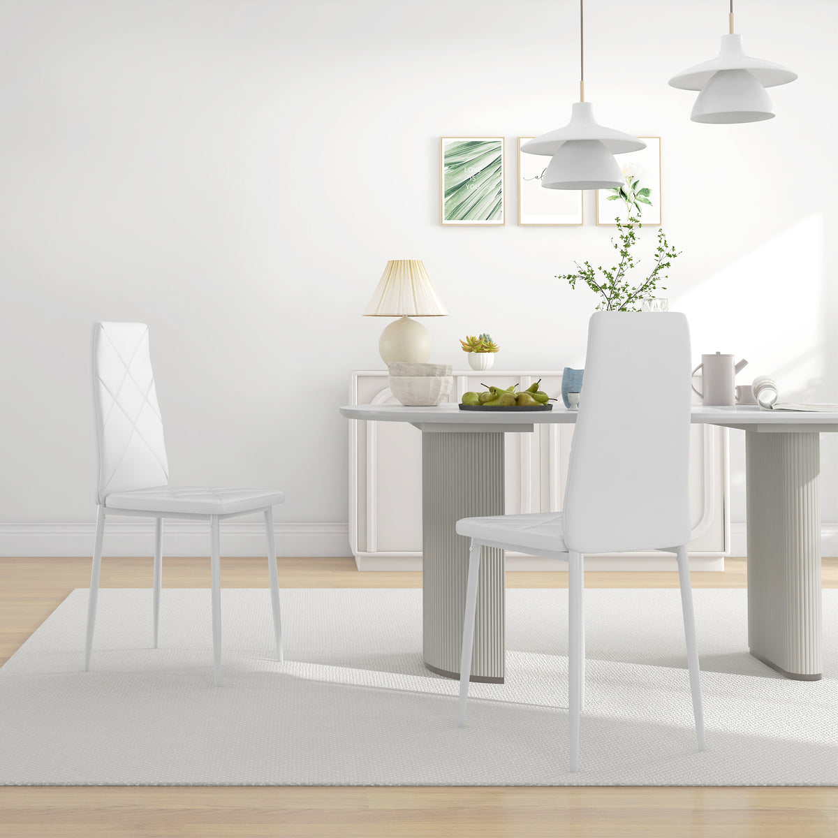 Lot de 2 chaises de salle à manger avec dossier haut, revêtement synthétique et pieds en acier, blanc-9