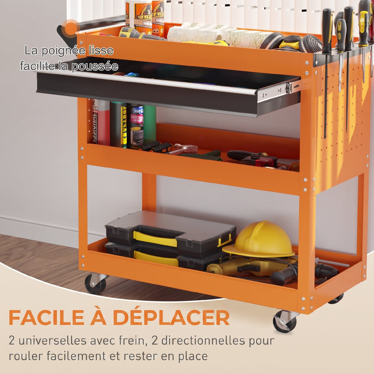 Chariot d'atelier servante atelier à 3 niveaux avec tiroir, porte-outils latéral et poignée, 82x35x76 cm, orange-3