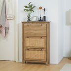 Meuble à chaussures étagère à chaussures armoire 3 portes abattants effet cannage rotin - en bois bois naturel-1