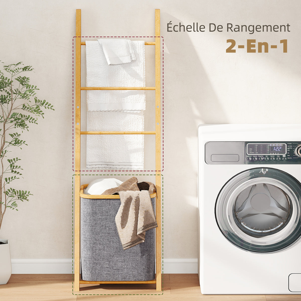 Porte-serviettes bambou avec panier à linge, échelle porte-serviettes avec 1 panier à linge, 43 x 35 x 133 cm, gris-3