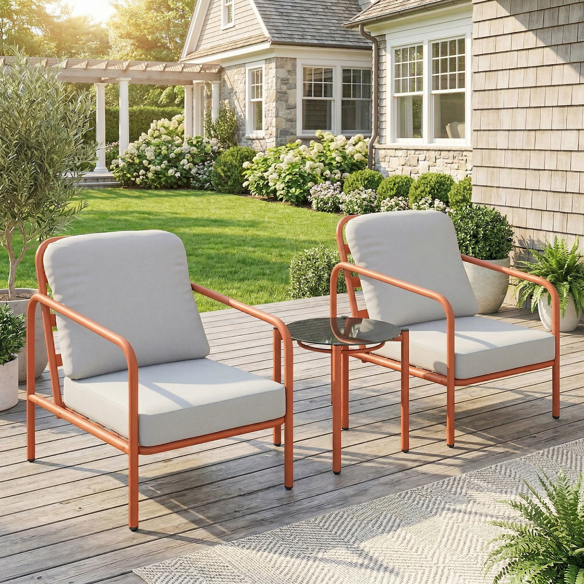 Salon de Jardin 3 Pièces, 2 Fauteuils, 1 Table Basse, Coussins Épais, Plateau en Verre Trempé, 63x77x76cm, Rouge Vineux-1