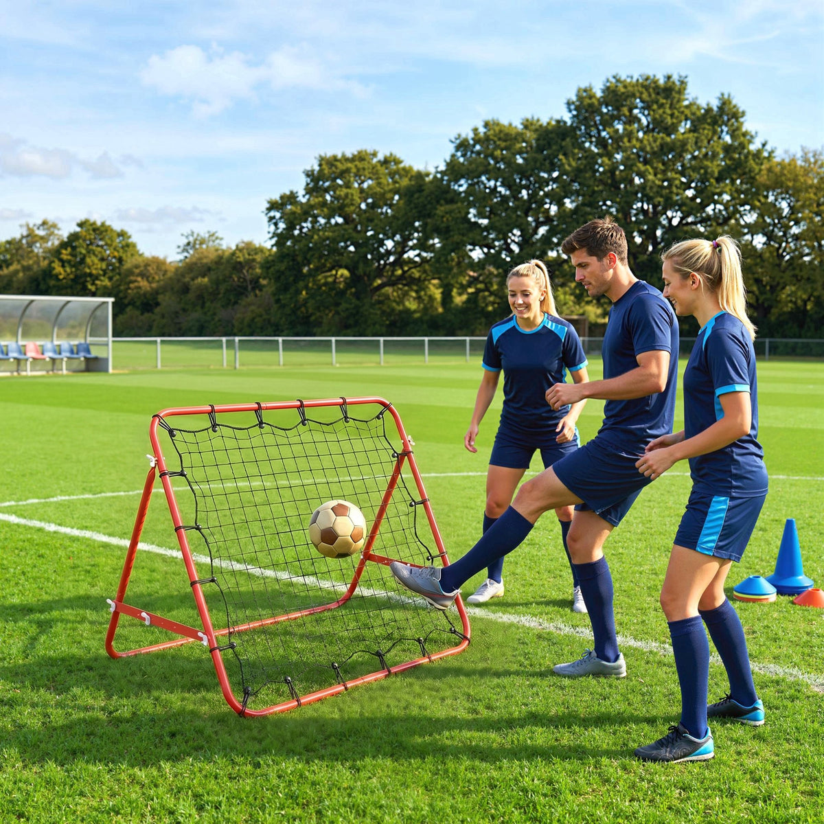 Filet de rebond en métal angle réglable et 20 cordes élastiques pour entraînement de football, tennis, handball 96x80x96-1