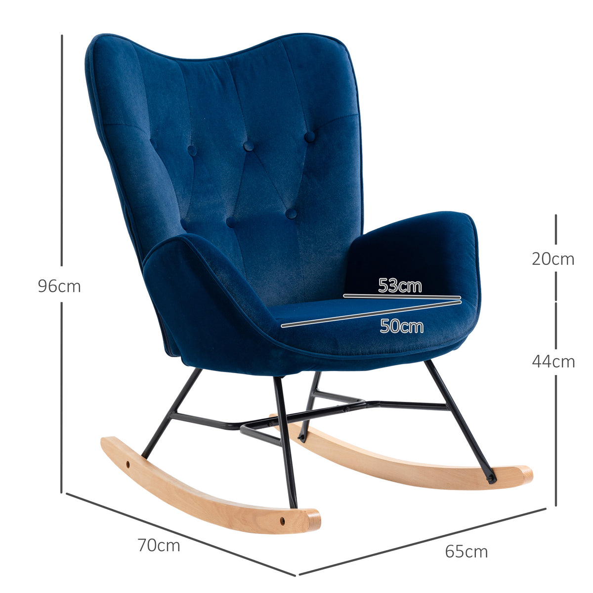 Fauteuil à Bascule, Rocking Chair, fauteuil allaitement confortable avec Structure en bois massif et métal pour Salon, Chambre, Balcon, Velours Bleu-2