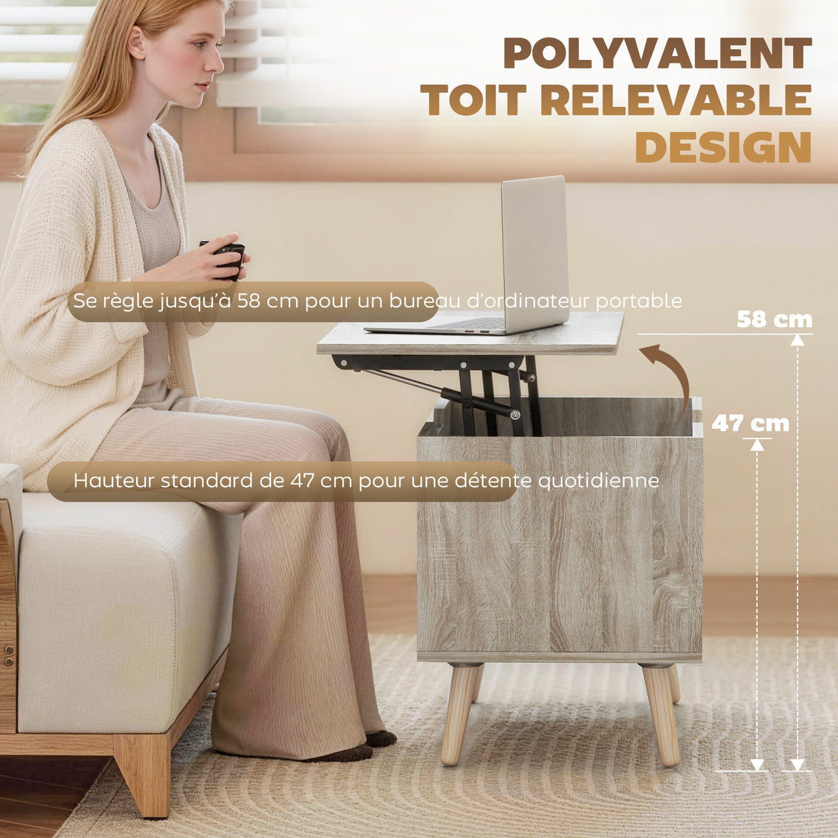 Table basse relevable, table de salon avec compartiment caché et étagères ouvertes, 75 x 40 x 58 cm, bois naturel-3