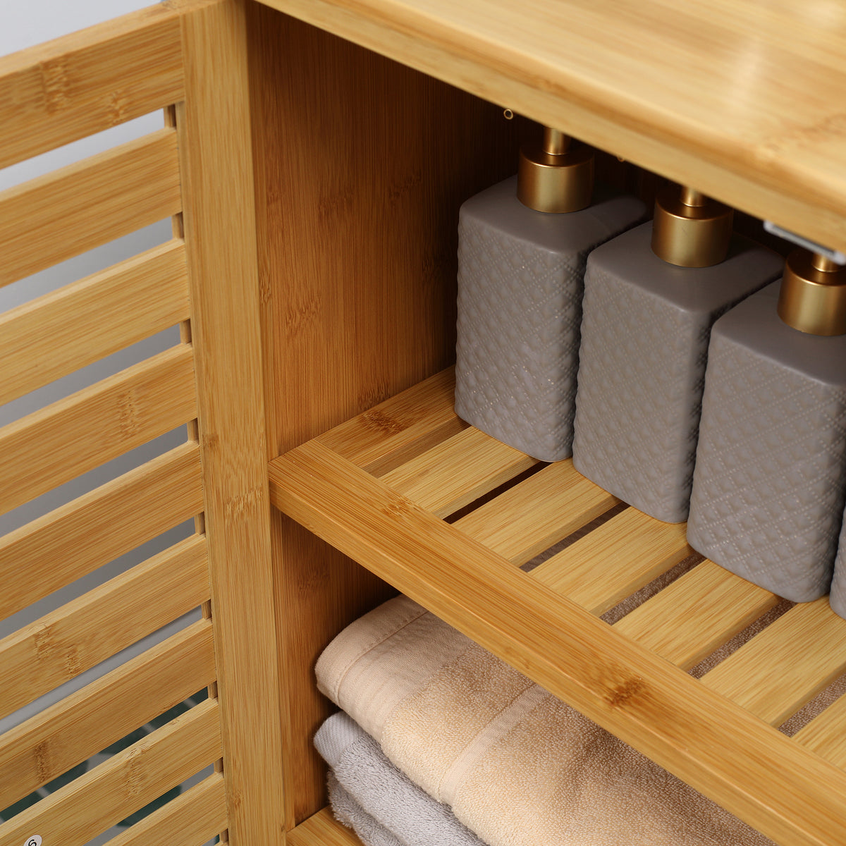 Meuble salle de bain en bambou armoire salle de bain sur pied avec double porte à lattes, 68 x 32 x 86 cm, naturel-8