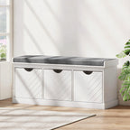 Banc chaussures entrée, banc de rangement avec 3 tiroirs amovibles et coussin rembourré en tissu aspect lin, blanc-1