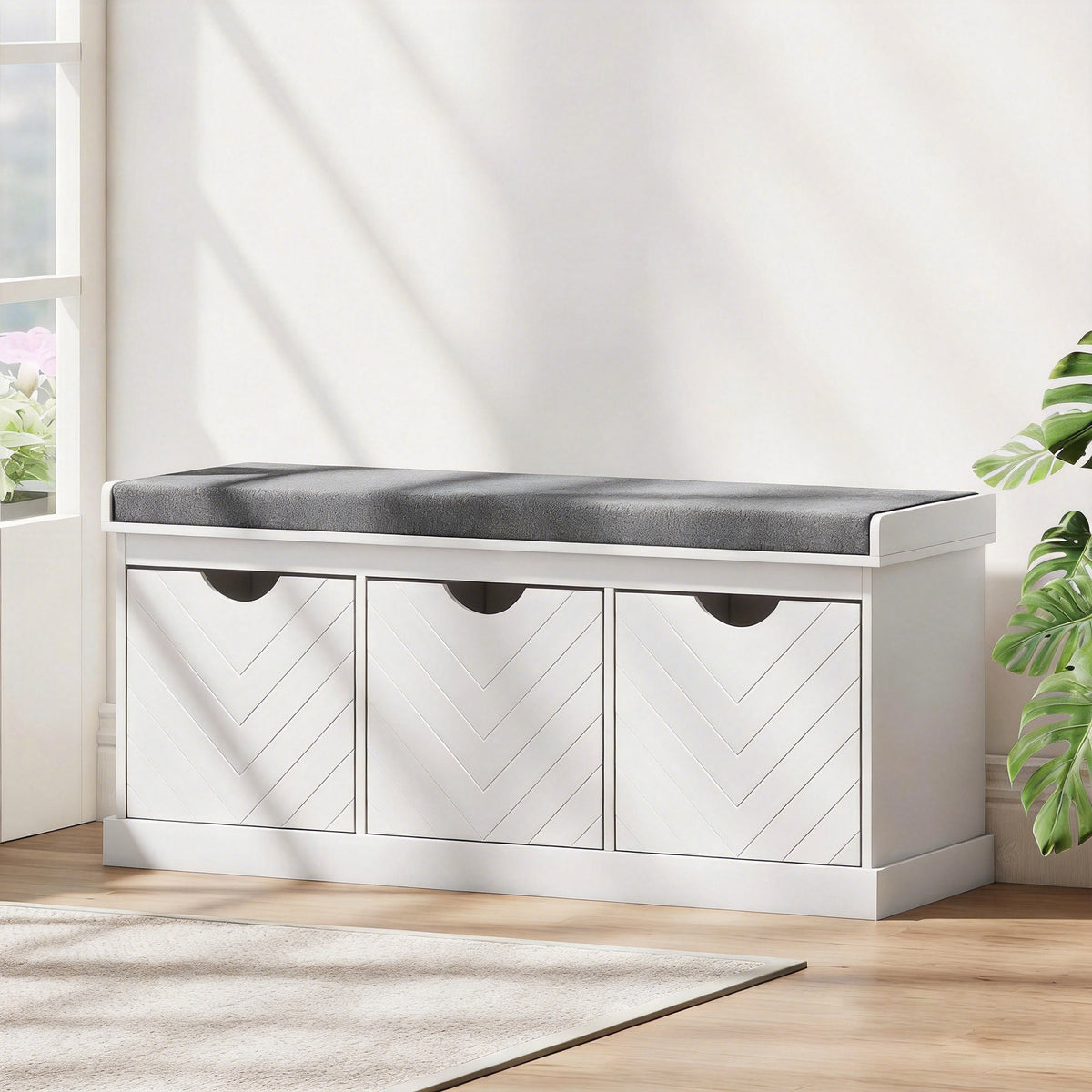 Banc chaussures entrée, banc de rangement avec 3 tiroirs amovibles et coussin rembourré en tissu aspect lin, blanc-1