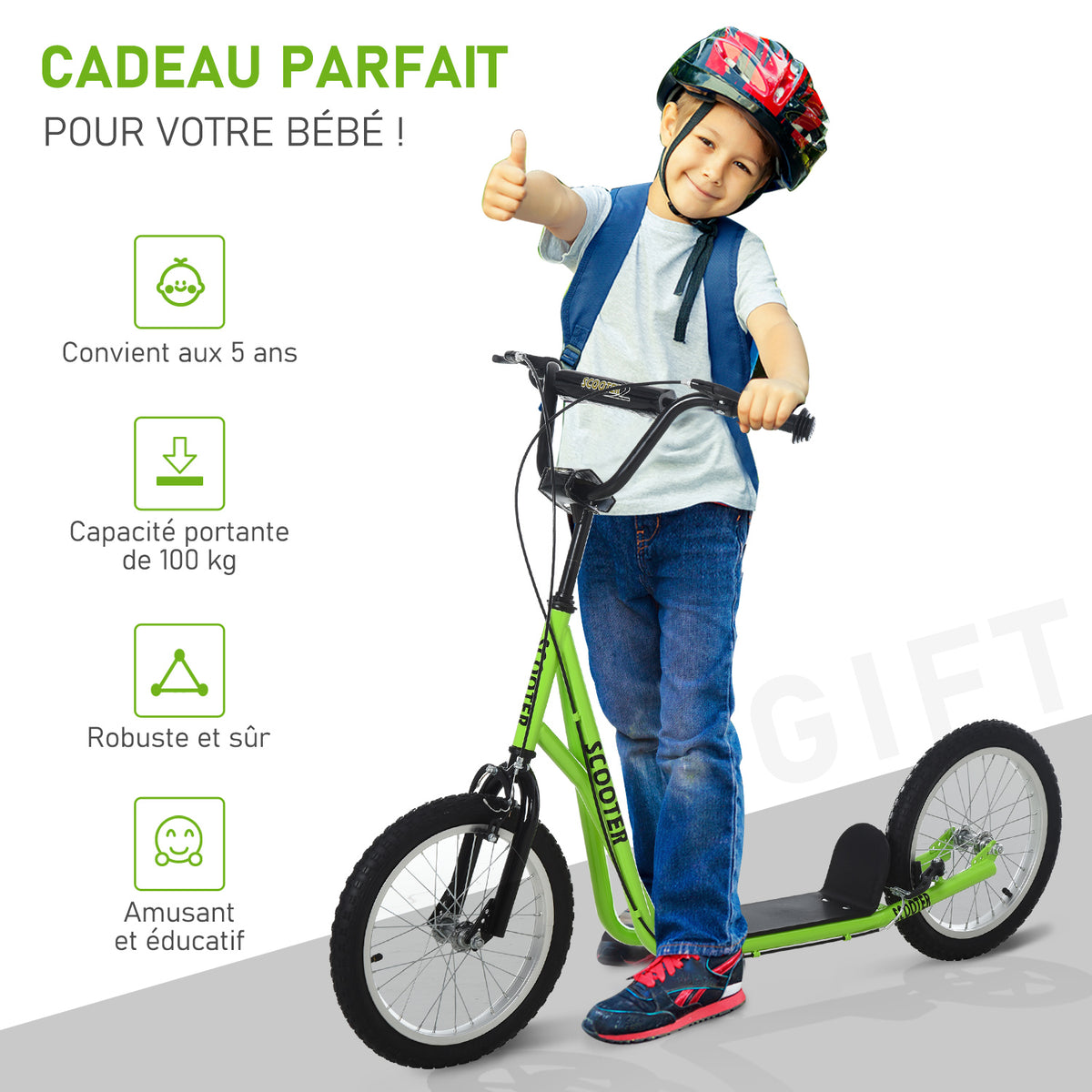 Trottinette patinette pour Enfants à partir de 5 Ans Grands pneus Guidon réglable poignée Frein et béquille Acier Vert-4