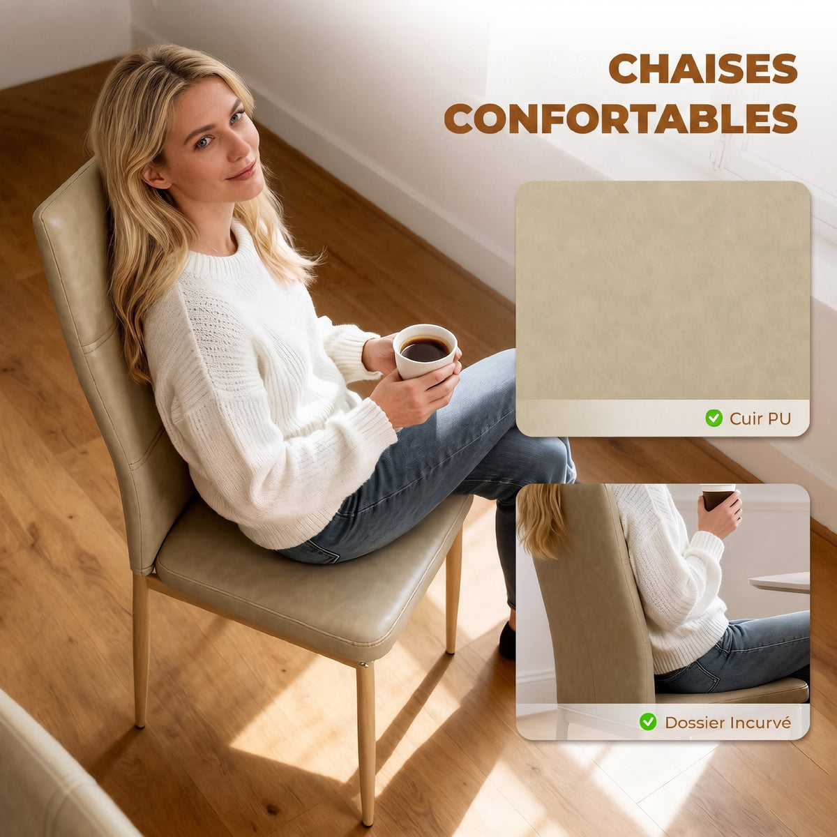 Ensemble Table à Manger avec 4 Chaises en Cuir Synthétique, Plateau Rectangulaire en Verre Trempé, 120x70x75cm, Naturel-5
