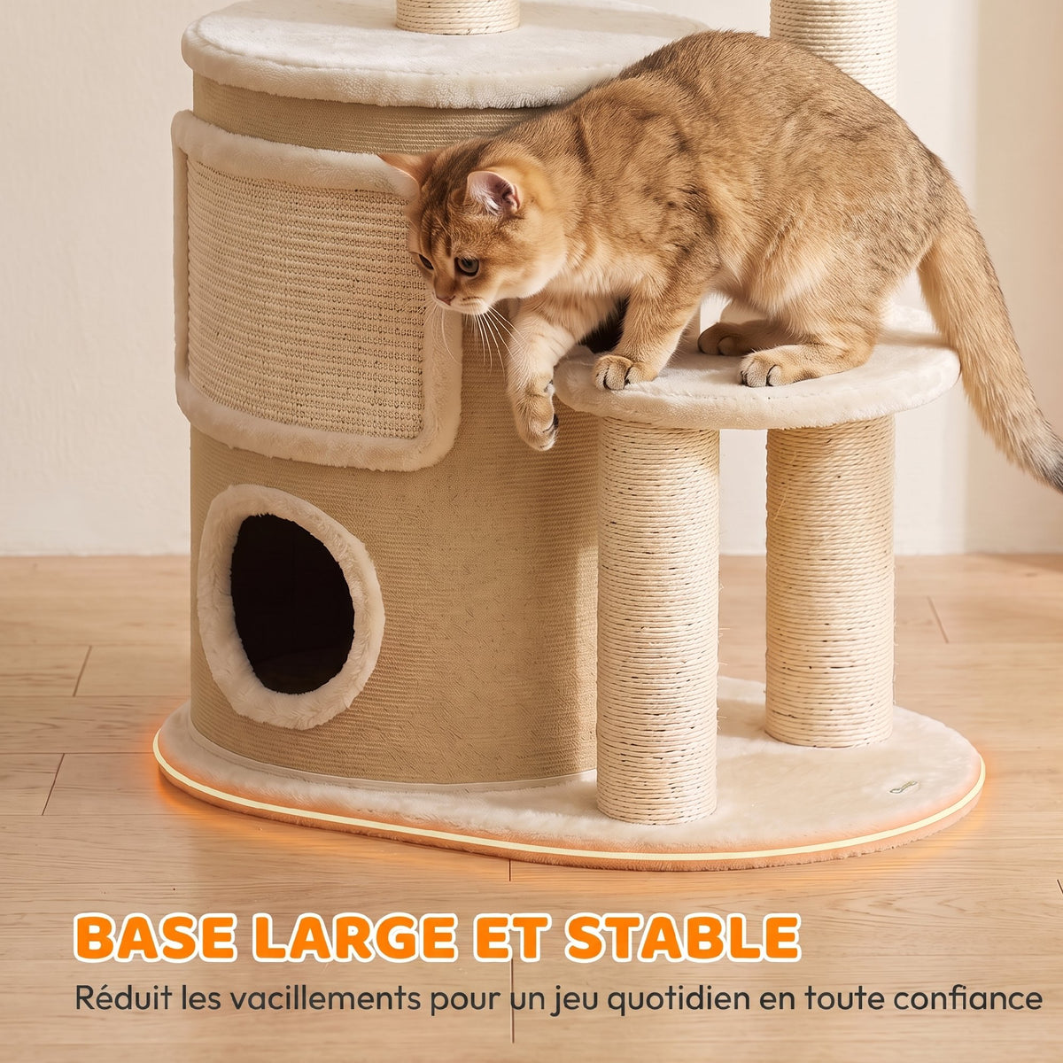 Arbre à Chat Multi-Niveaux avec Tonneau, Double Niche, Lit, Plateforme, Poteaux à Griffer en Sisal, 55x39x90cm, Beige-5