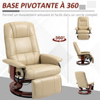 Fauteuil relax inclinable repose-pieds réglable pivotant 360° piètement bois revêtement PU respirant et doux crème-4