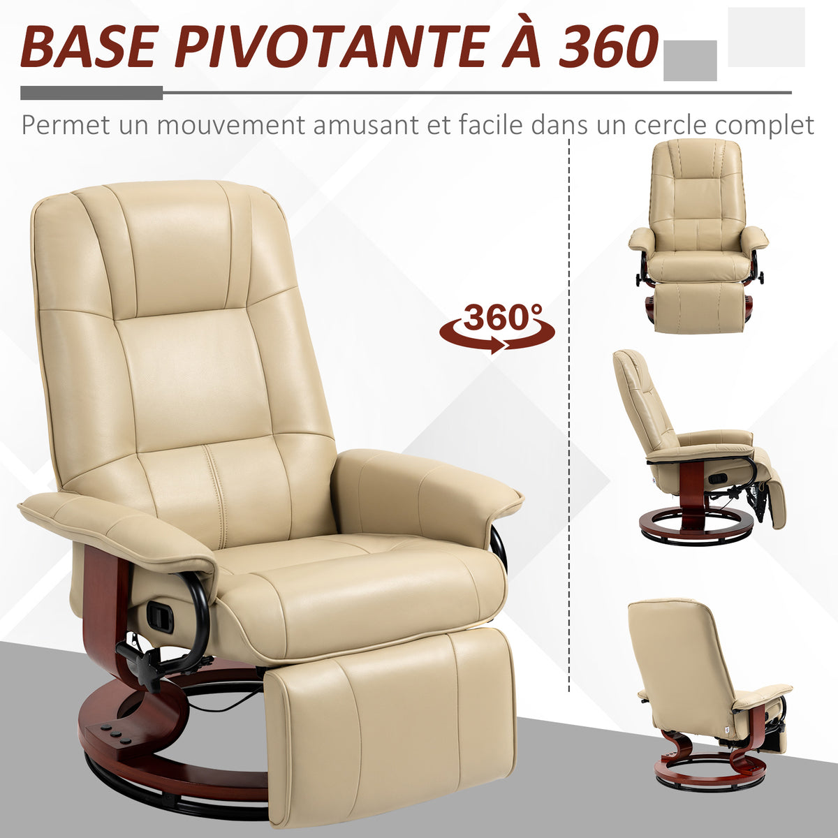 Fauteuil relax inclinable repose-pieds réglable pivotant 360° piètement bois revêtement PU respirant et doux crème-4
