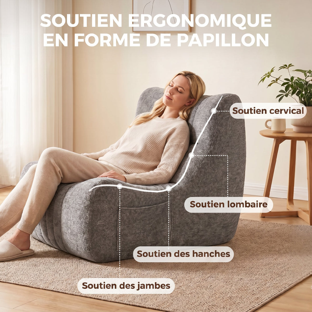 Canapé Paresseux Chaise de Sol à Silhouette Papillon avec Poches Latérales, sans Assemblage, 80x90x76cm, Gris Châtaigne-3