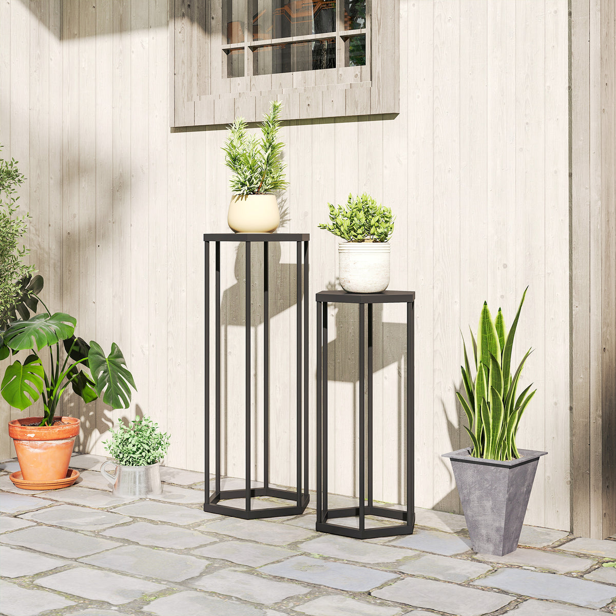 Lot de 2 supports pour plantes, tabouret à fleurs hexagonal en métal, intérieur et extérieur, noir-1