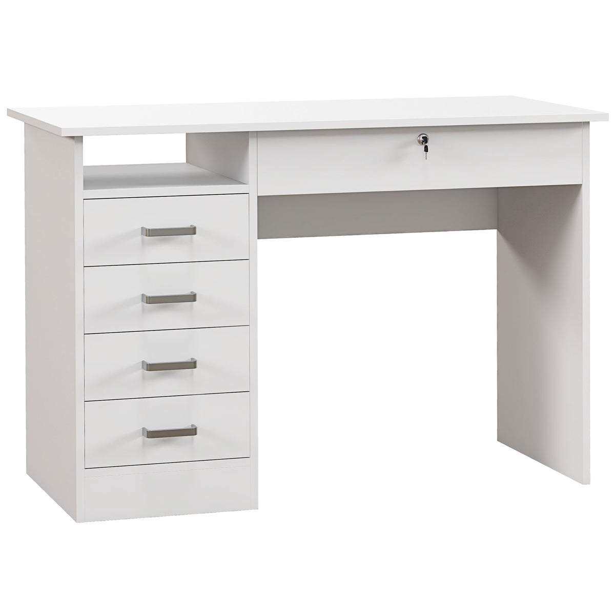 Bureau moderne avec 5 tiroirs, grand plateau, 1 compartiment ouvert, tiroir verrouillable, 110 x 50 x 76cm, blanc-0