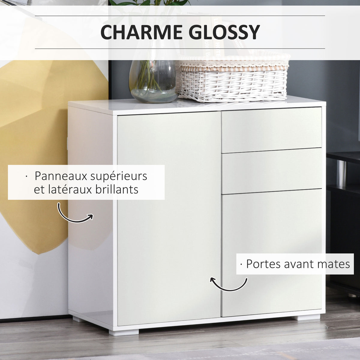 Meuble rangement buffet commode armoire 2 tiroirs 2 placards portes, étagères chambre, 79x36x74cm blanc-4