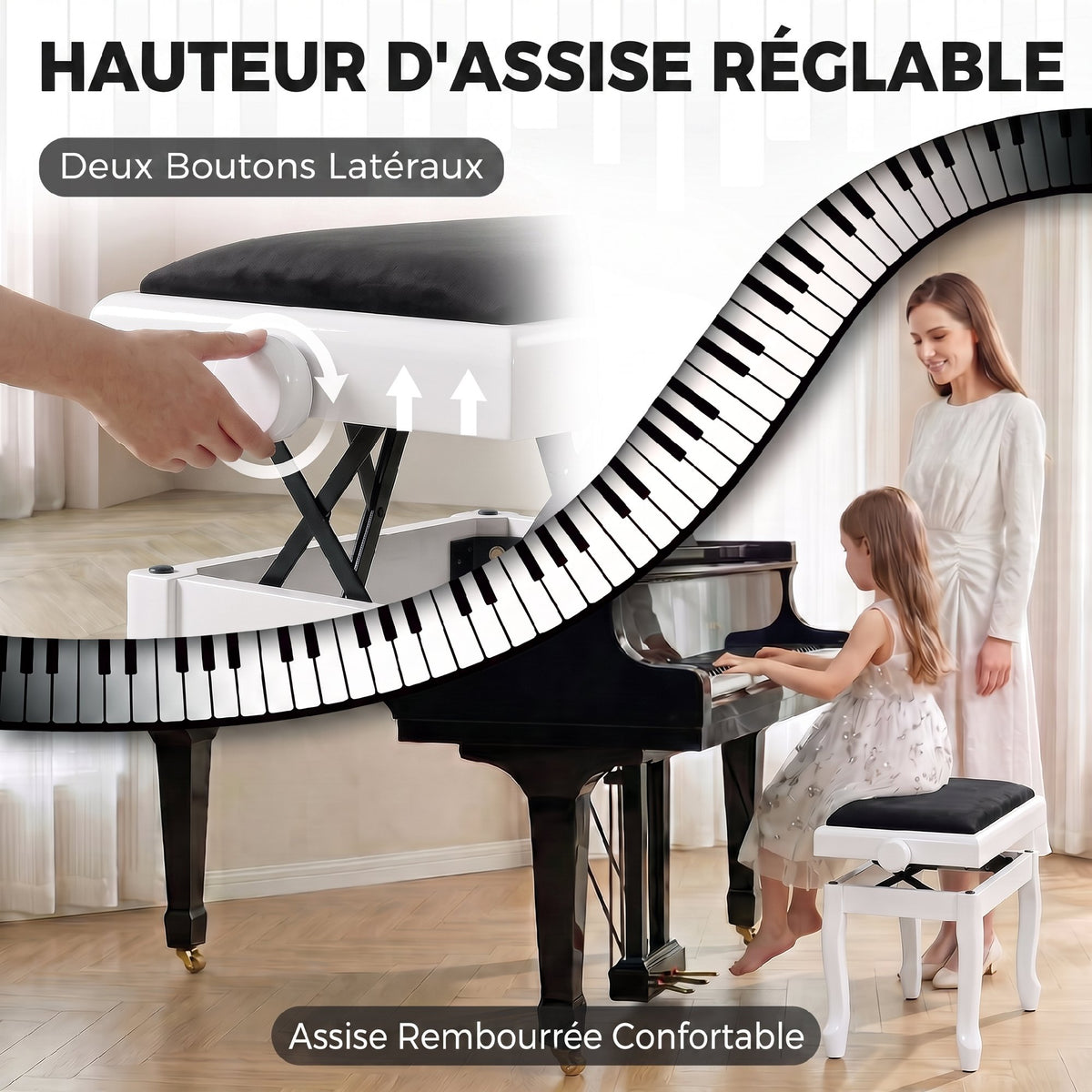 Banc de Piano, Tabouret Piano Réglable en Hauteur 45-56 cm, Banc de Clavier, Siège Rembourré en Velours, Blanc-3